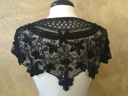Sequin Glass Beaded & Sequin Lace Collar Shoulder Shrug Shawl Applique Black Gothic Vintage Bridal