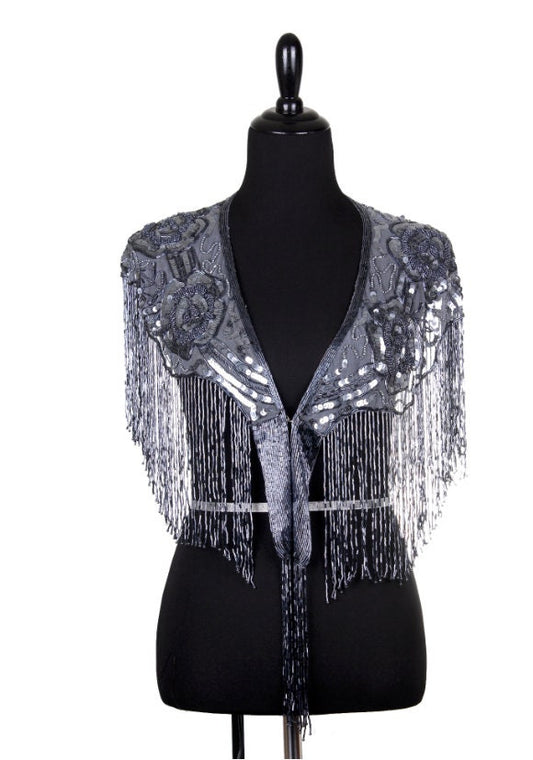 GUNMETAL GRAY Sequin Glass Rose Beaded & Sequin Lace Collar Shoulder Shrug Shawl Applique Wrap Bridal