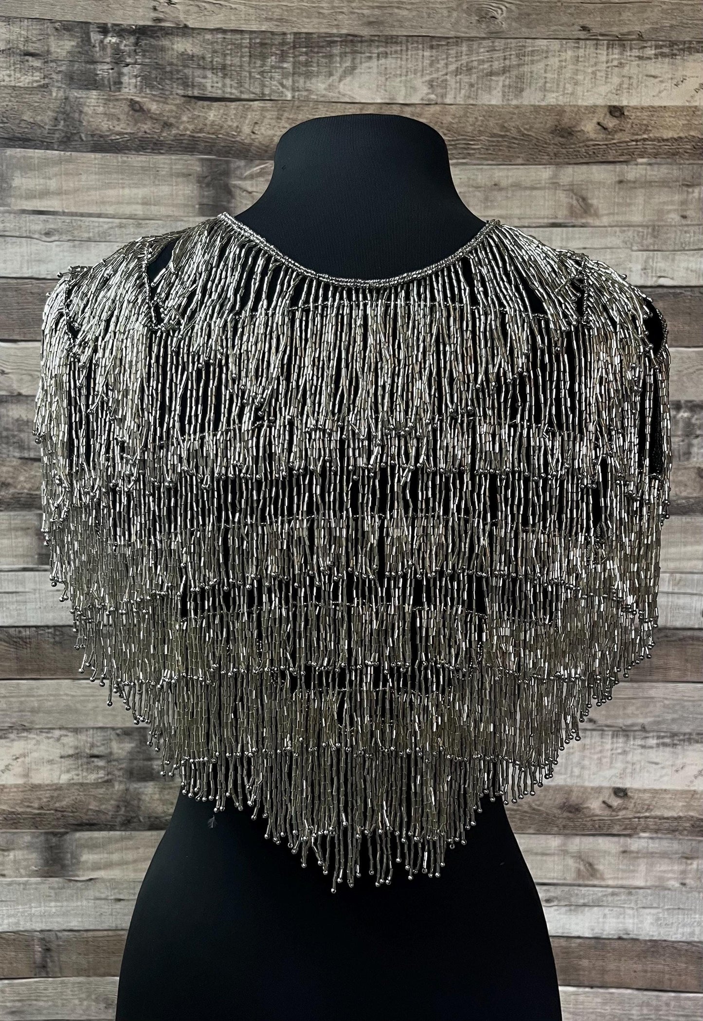 SILVER  All Glass  Beaded Fringe Collar Shoulder Shrug Shawl Applique Western Rodeo