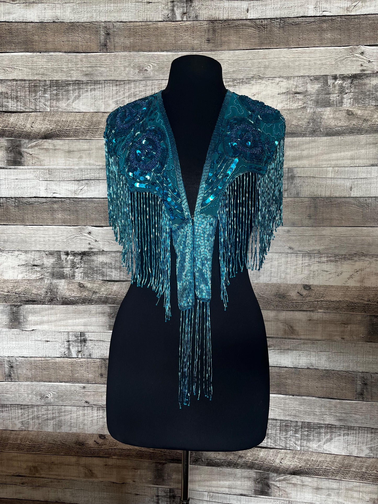 TURQUOISE BLUE Sequin Glass Rose Beaded & Sequin Lace Collar Shoulder Shrug Shawl Applique Wrap Bridal