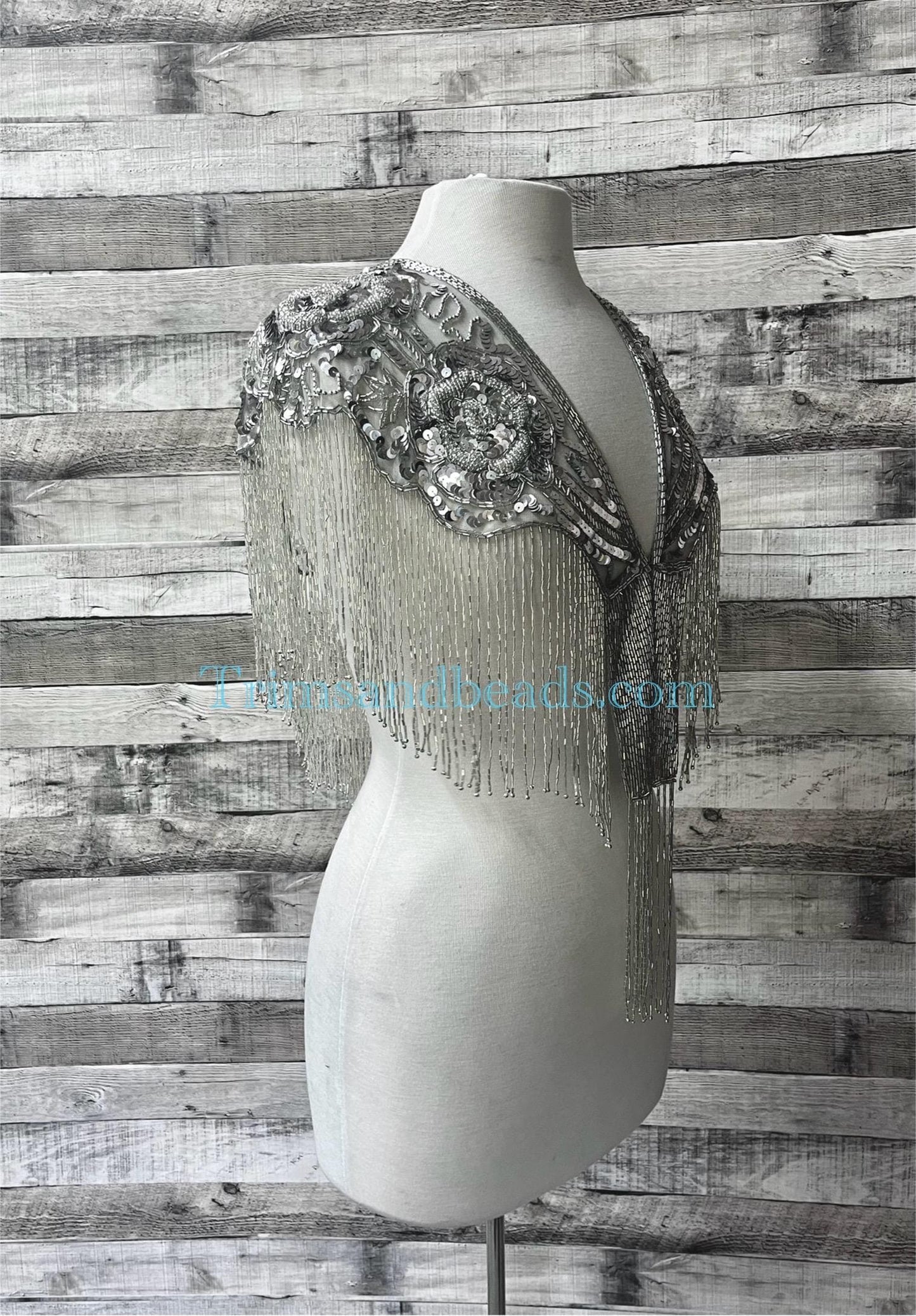 SILVER  Sequin Glass Rose Beaded & Sequin Lace Collar Shoulder Shrug Shawl Applique Wrap Bridal