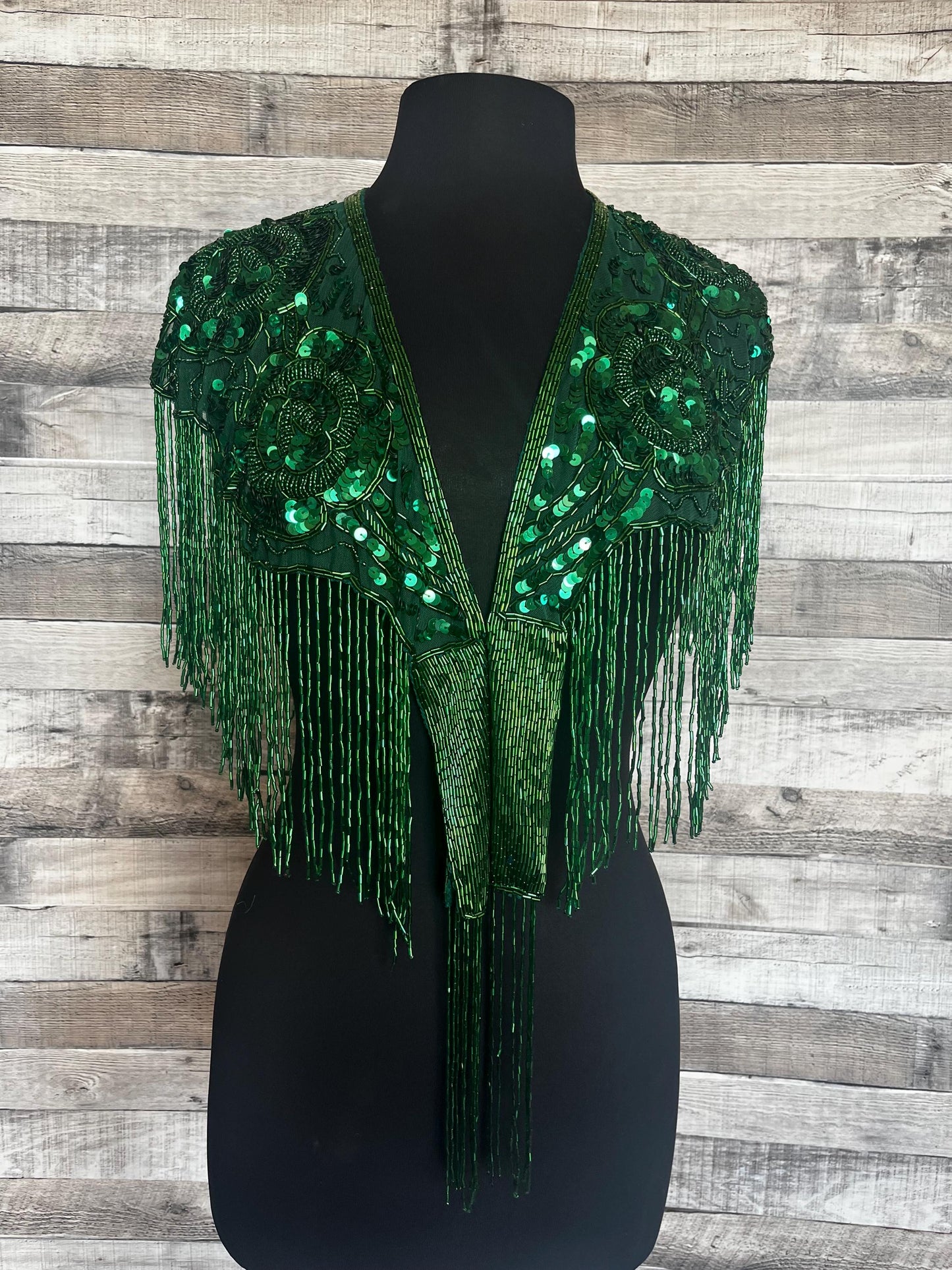 3 Rose Back Green Sequin Glass Beaded & Sequin Lace Collar with Tube Bugle Bead Fringe Shoulder Shrug Shawl Applique Wrap