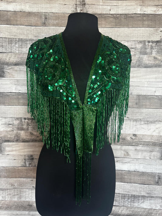 3 Rose Back Green Sequin Glass Beaded & Sequin Lace Collar with Tube Bugle Bead Fringe Shoulder Shrug Shawl Applique Wrap