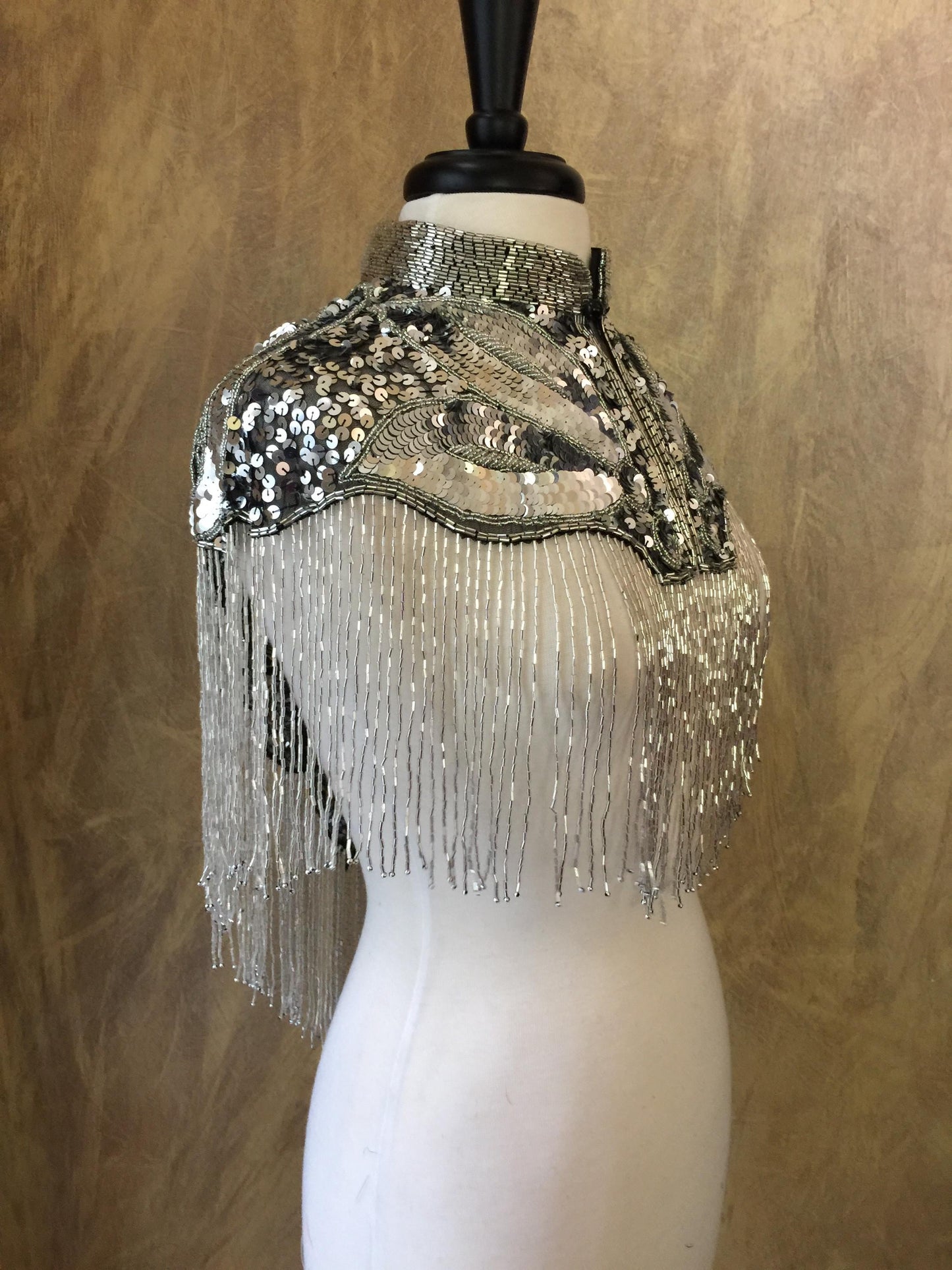 SILVER Beaded & Sequin Long Glass Fringe Collar Shoulder Shrug Shawl Applique Wrap western rodeo