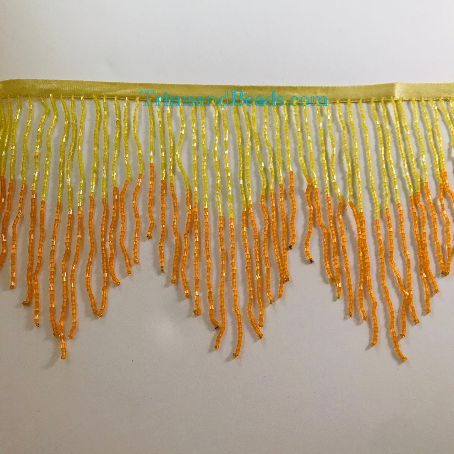 6" YELLOW/ORANGE Ombre Chevron Glass BUGLE Bead Beaded Fringe Lamp Costume Trim Variegated