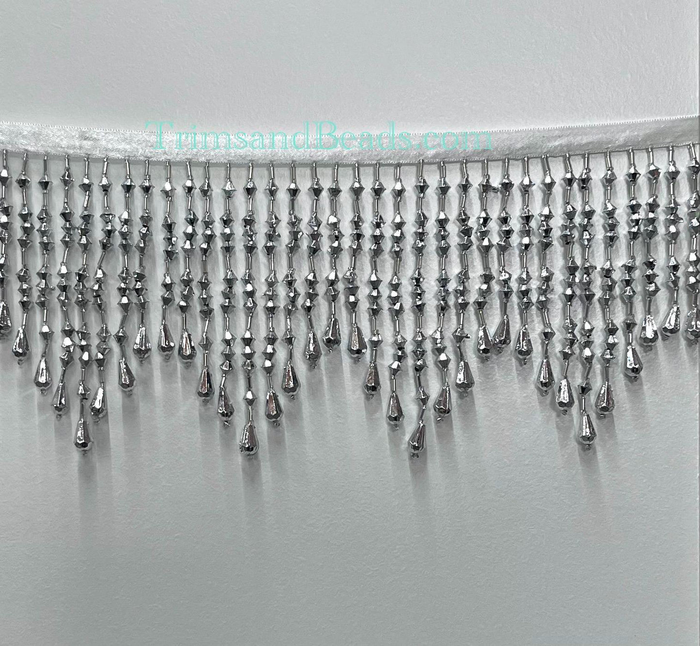 5" Opaque Metallic Silver ACRYLIC & Glass CHEVRON Bead Beaded Fringe Teardrop Ends Lamp Costume Trim