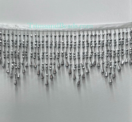 5" Opaque Metallic Silver ACRYLIC & Glass CHEVRON Bead Beaded Fringe Teardrop Ends Lamp Costume Trim