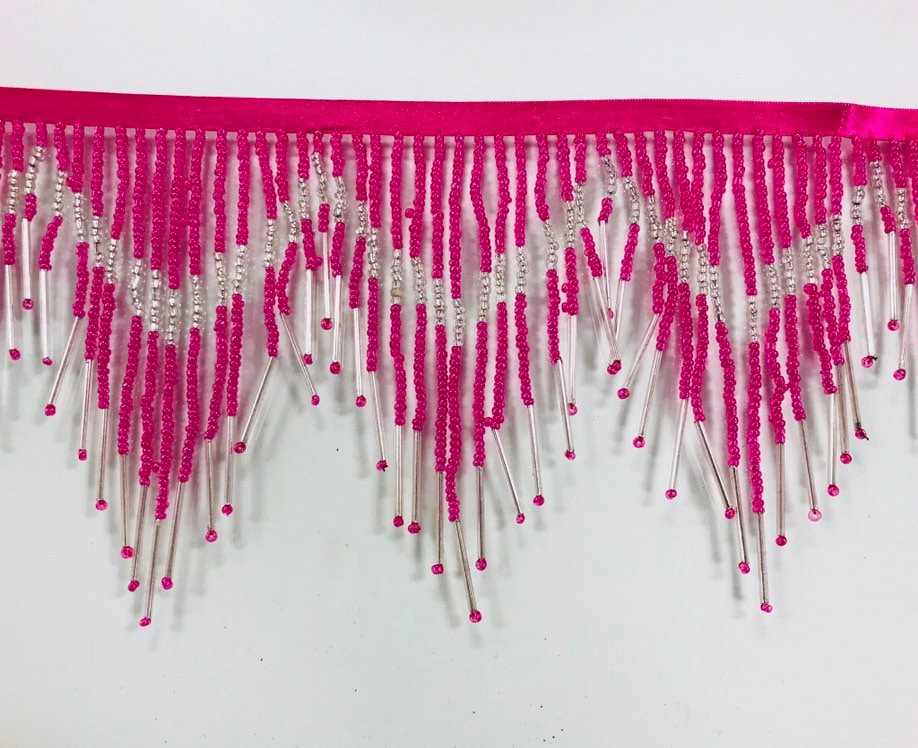 6.5" Hot Pink & Silver Glass Seed Bugle Beaded Fringe Chevron Lamp Costume Trim Choose LengthVariegated
