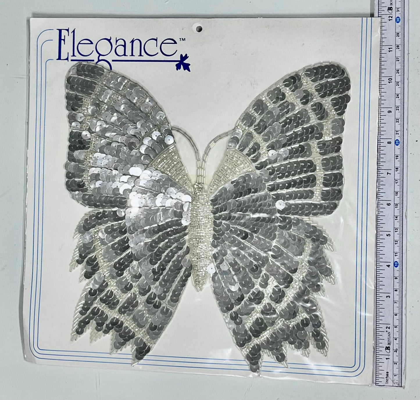 Large 10” Silver Glass Bugle Bead and Sequin Sew Butterfly Bodice applique