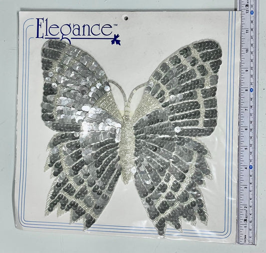 Large 10” Silver Glass Bugle Bead and Sequin Sew Butterfly Bodice applique