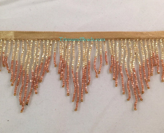 3" GOLD/COPPER Ombre Glass CHEVRON Bugle Bead Beaded Fringe Lamp Costume Trim Variegated