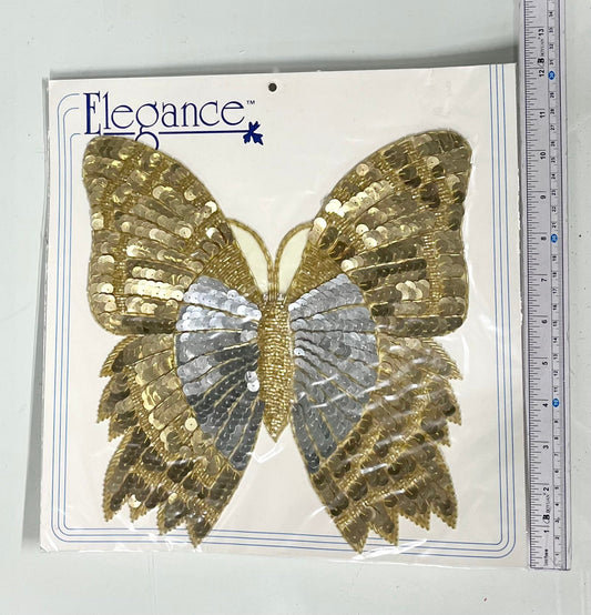 Large 10” Gold/Silver Glass Bugle Bead and Sequin Sew Butterfly Bodice applique