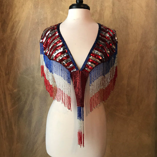 Patriotic Red, White, Blue Flag Sequin Glass Beaded Fringe & Sequin Lace Collar Shoulder Shrug Shawl Applique Wrap Bridal
