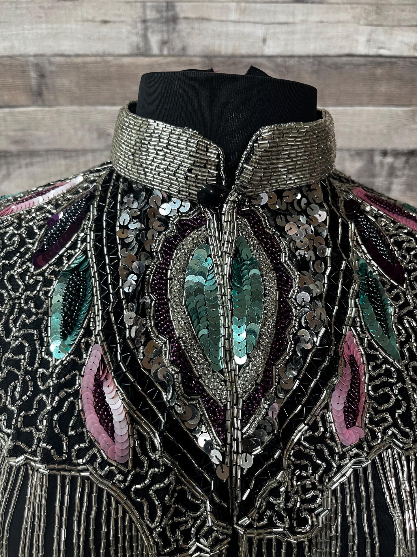 MULTI Colored SILVER Beaded & Sequin Long Glass Fringe Collar Shoulder Shrug Shawl Applique Wrap Bridal Western Rodeo