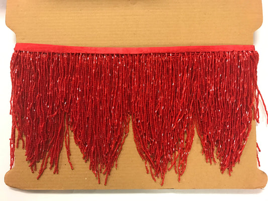 5 yard bolt- 6.5"/6" RED Glass CHEVRON BUGLE Bead Beaded Fringe Lamp Costume Trim Variegated