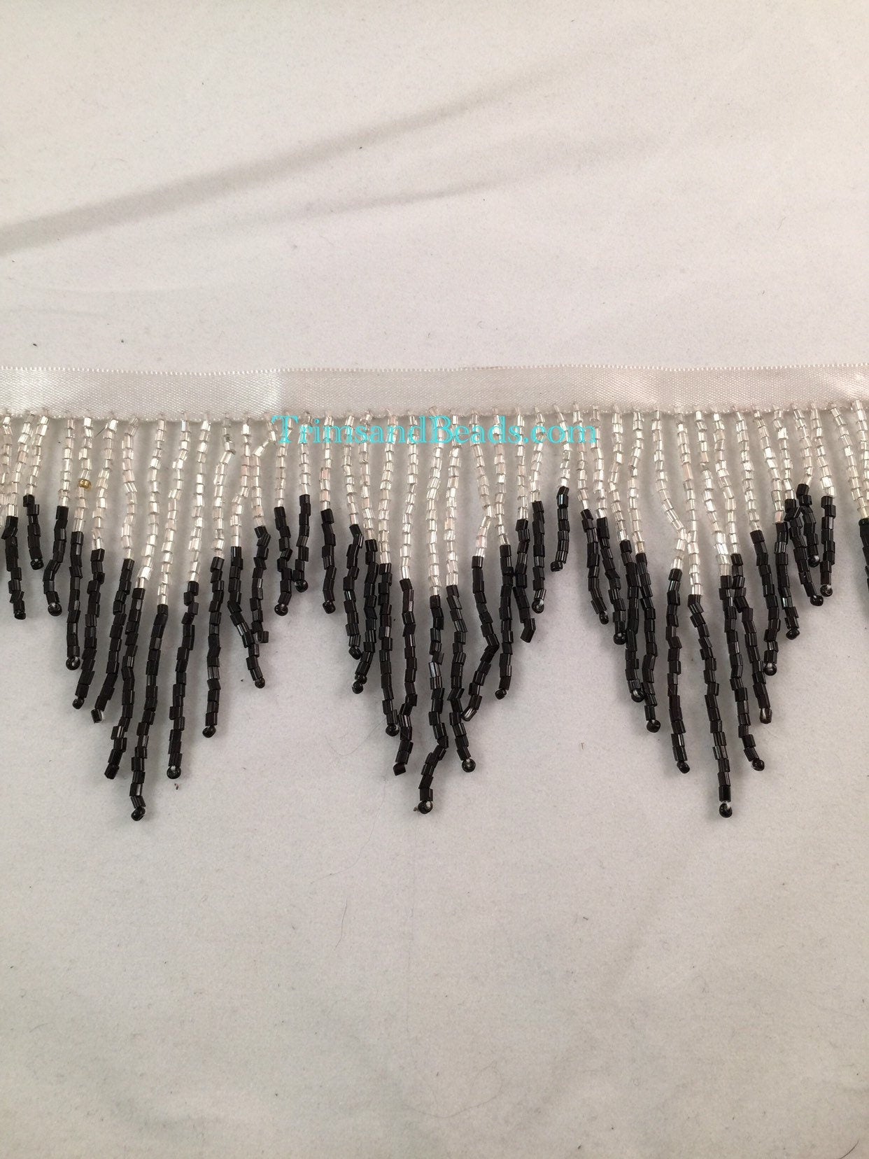 3" SILVER/BLACK Ombre Glass CHEVRON Bugle Bead Beaded Fringe Lamp Costume Trim Variegated