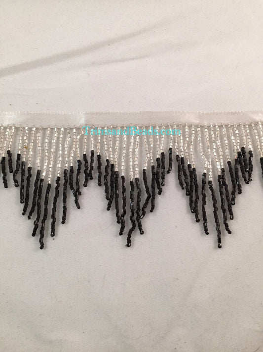3" SILVER/BLACK Ombre Glass CHEVRON Bugle Bead Beaded Fringe Lamp Costume Trim Variegated