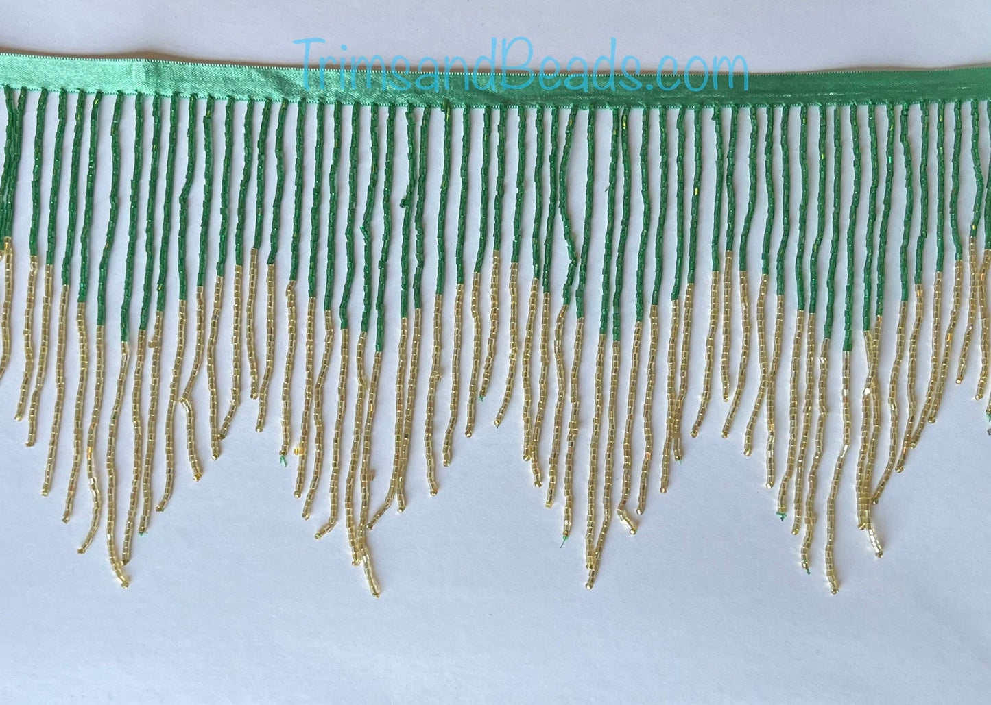 5 Yard Bolt- 6.5" Emerald Green/Gold Sparkling Ombre Ombré CHEVRON Glass BUGLE Bead Beaded Fringe Lamp Costume Trim Variegated