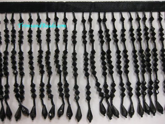 By the Yard BLACK 5" Acrylic & Glass Seed Bead Beaded Fringe Lamp Costume Trim