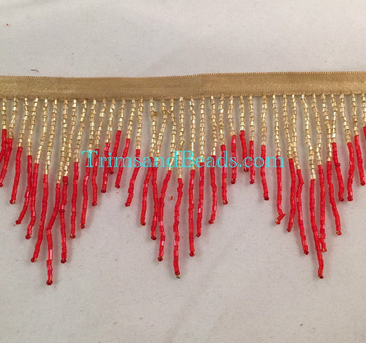 3" GOLD/RED Glass CHEVRON Bugle Bead Beaded Fringe Lamp Costume Trim Variegated