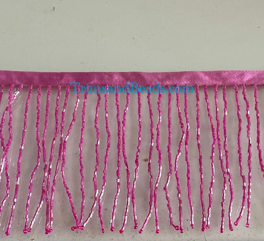 By the Yard 4/4.5" HOT PINK Glass BUGLE Bead Beaded Fringe Lamp Costume Trim
