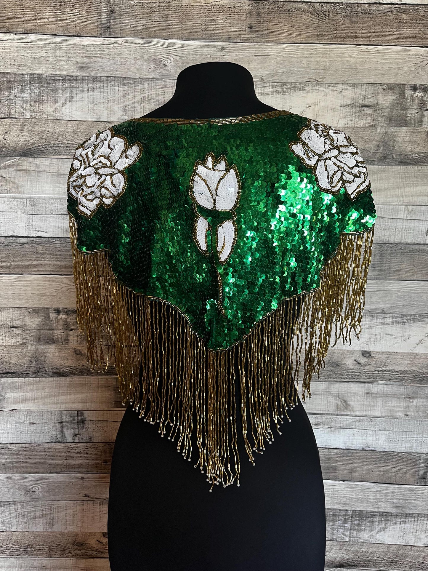 Green/Gold with White Rose Sequin Glass  Beaded & Sequin Lace Collar with Tube Bugle Bead Fringe Shoulder Shrug Shawl Applique Wrap
