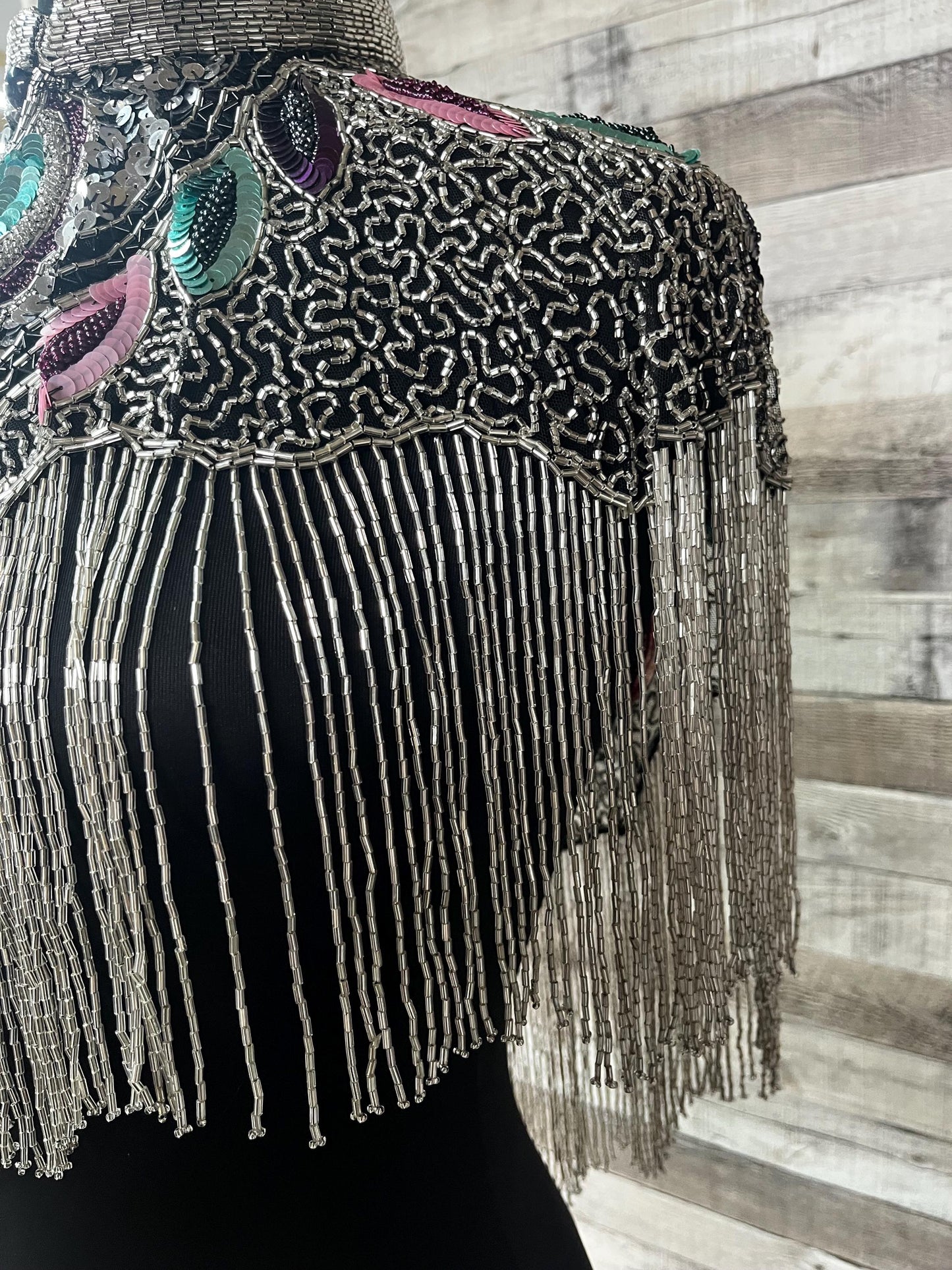 MULTI Colored SILVER Beaded & Sequin Long Glass Fringe Collar Shoulder Shrug Shawl Applique Wrap Bridal Western Rodeo