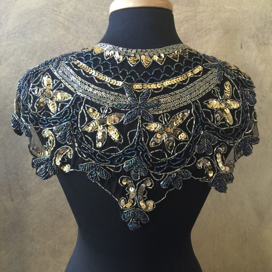 Sequin Glass Beaded & Sequin Wrap AB Black Lace Collar Shoulder Shrug Shawl Applique Peacock Gold/Silver Multi