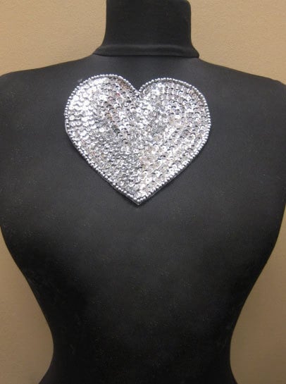 Large 5"  Valentines Silver Bead and Sequin Sew Applique Heart