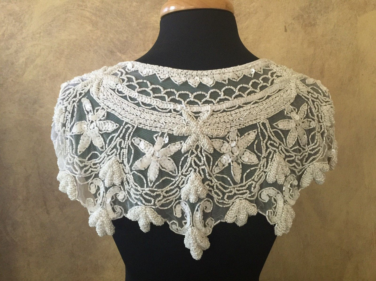 Sequin Glass Beaded & Sequin Wrap Lace Collar Shoulder Shrug Shawl Applique White Vintage Bridal