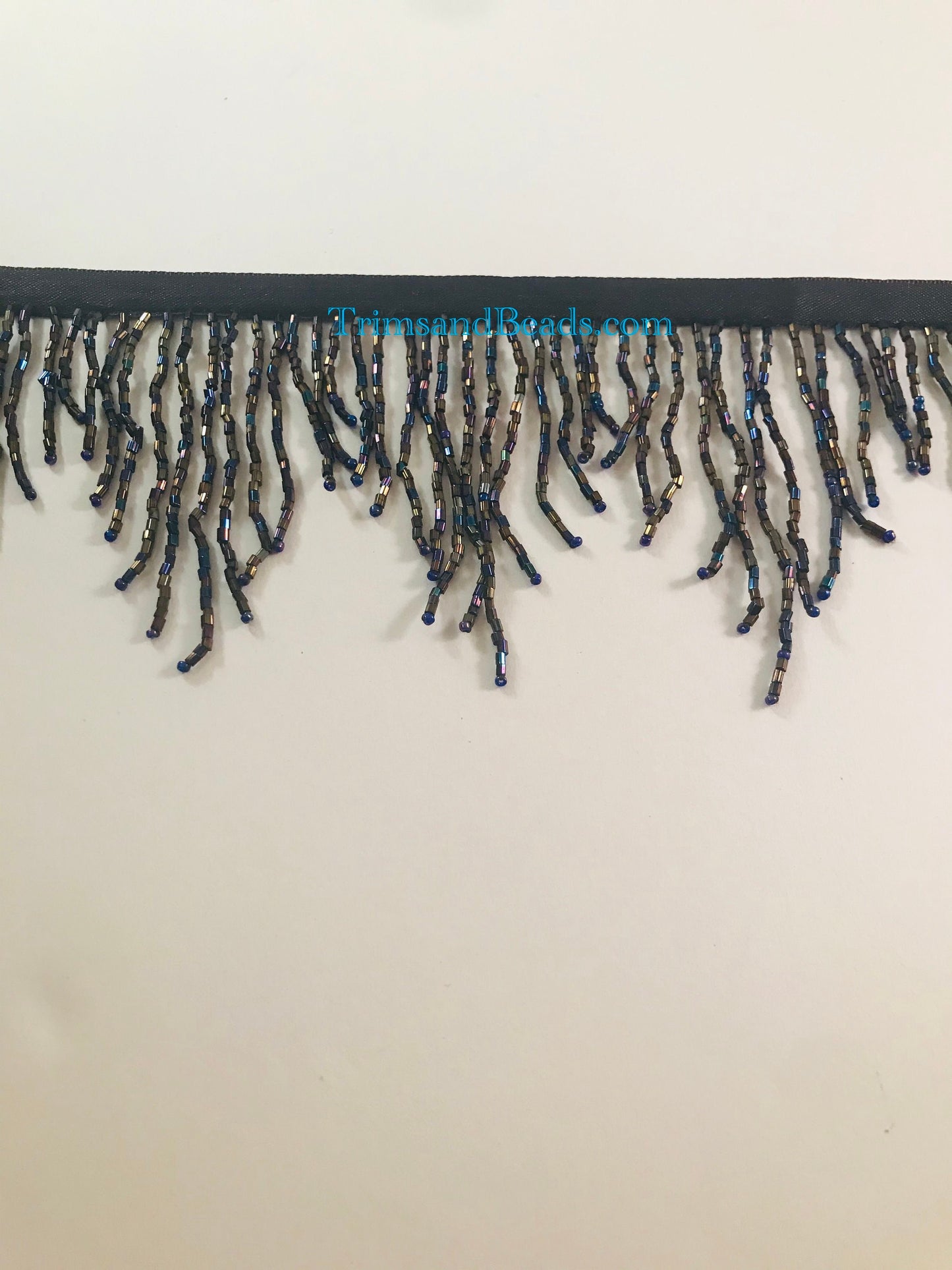 3" Iridescent BLACK AB Glass CHEVRON Bugle Bead Beaded Fringe Lamp Costume Trim Variegated