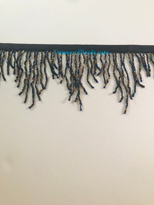 3" Iridescent BLACK AB Glass CHEVRON Bugle Bead Beaded Fringe Lamp Costume Trim Variegated