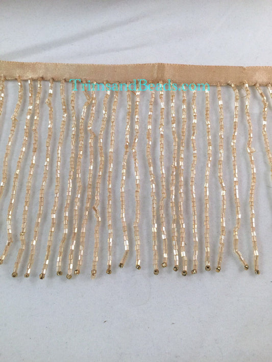 4" CHAMPAGNE Glass BUGLE Bead Beaded Fringe Lamp Costume Trim