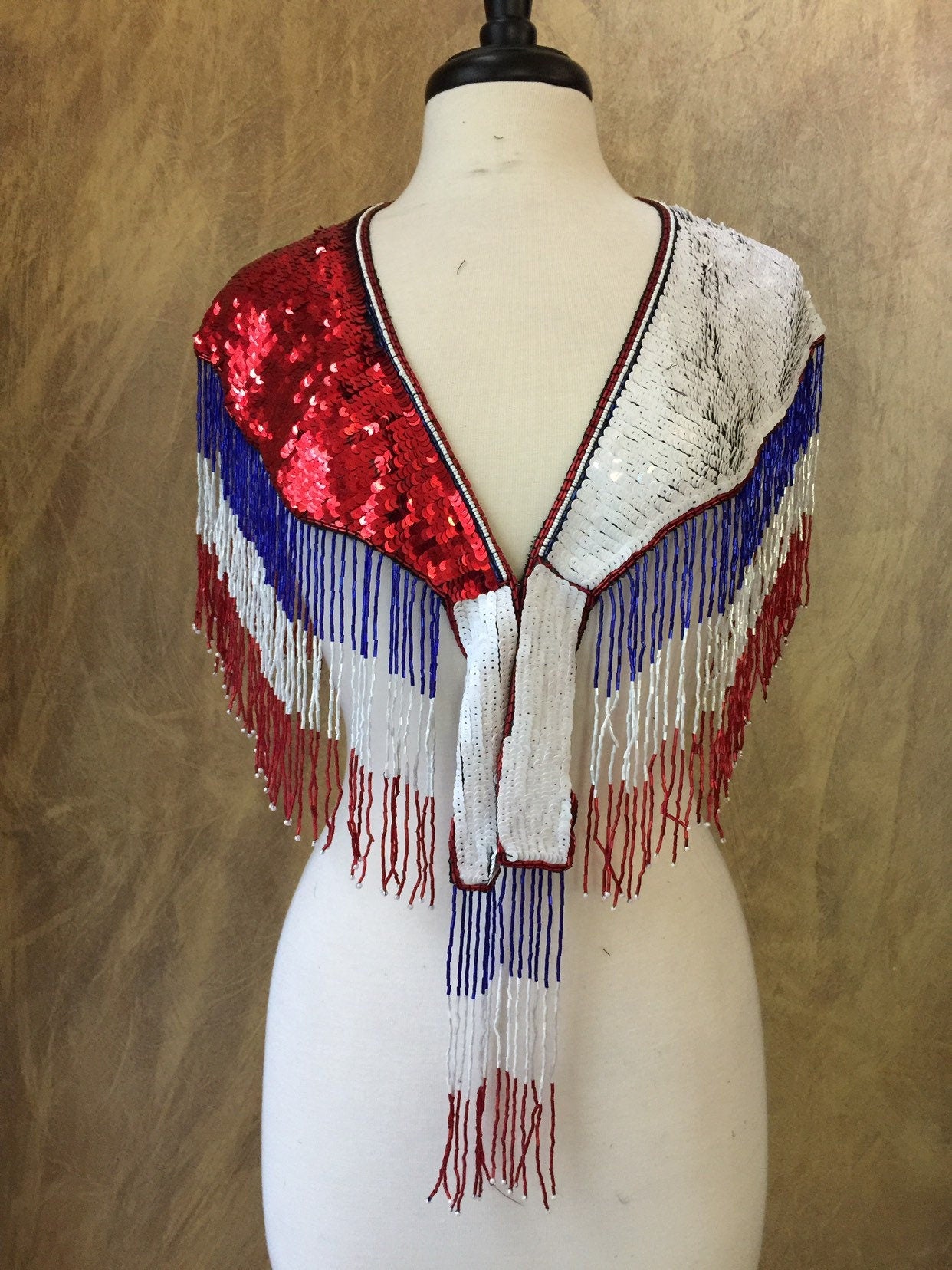Patriotic Lone Star Sequin Glass Beaded & Sequin Western Rodeo Wrap Lace Collar Shoulder Shrug Shawl Applique Vintage