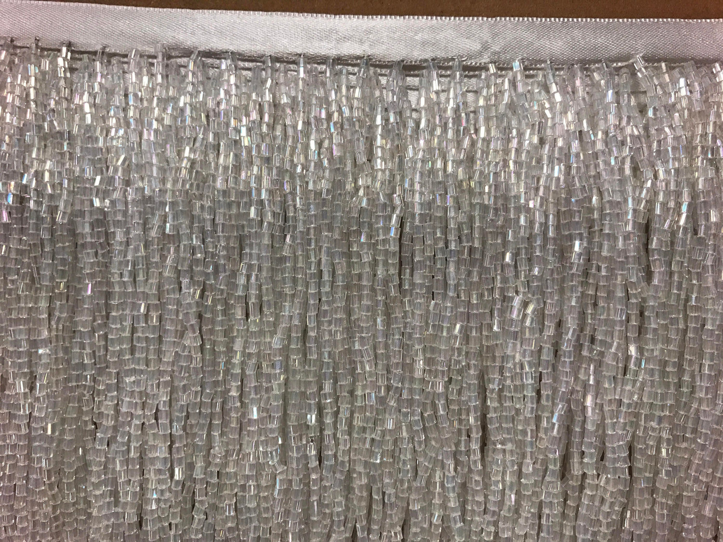 5 yard bolt- 6.5"/6" IRIDESCENT White Crystal AB Glass BUGLE Bead Beaded Fringe Lamp Costume Trim