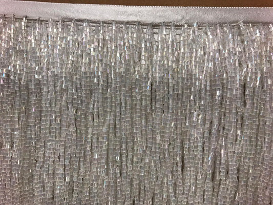 5 yard bolt- 6.5"/6" IRIDESCENT White Crystal AB Glass BUGLE Bead Beaded Fringe Lamp Costume Trim