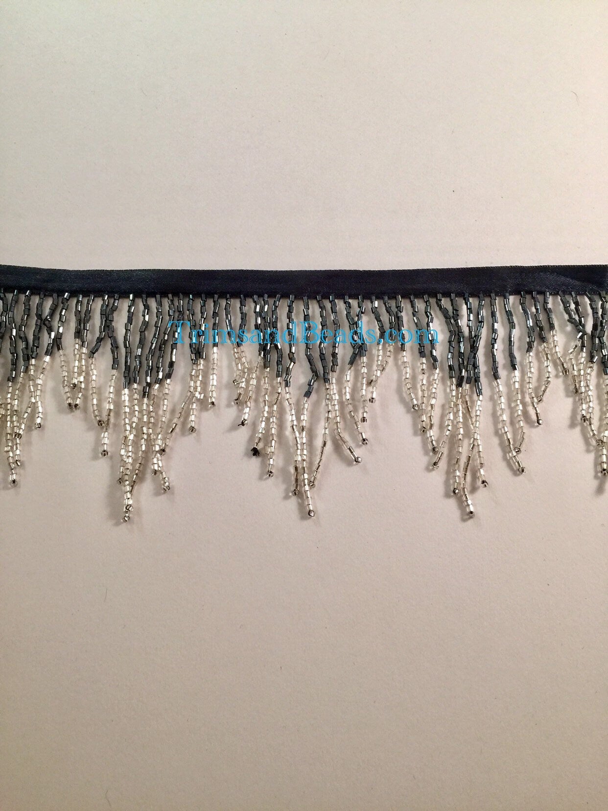 3" GUNMETAL/SILVER Glass CHEVRON Bugle Bead Beaded Fringe Lamp Costume Trim Variegated