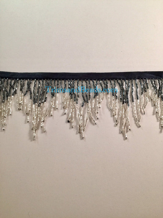 3" GUNMETAL/SILVER Glass CHEVRON Bugle Bead Beaded Fringe Lamp Costume Trim Variegated