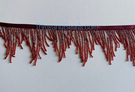 3"  Burgundy/Red  CHEVRON Glass BUGLE Bead Beaded Fringe Lamp Costume Trim Variegated