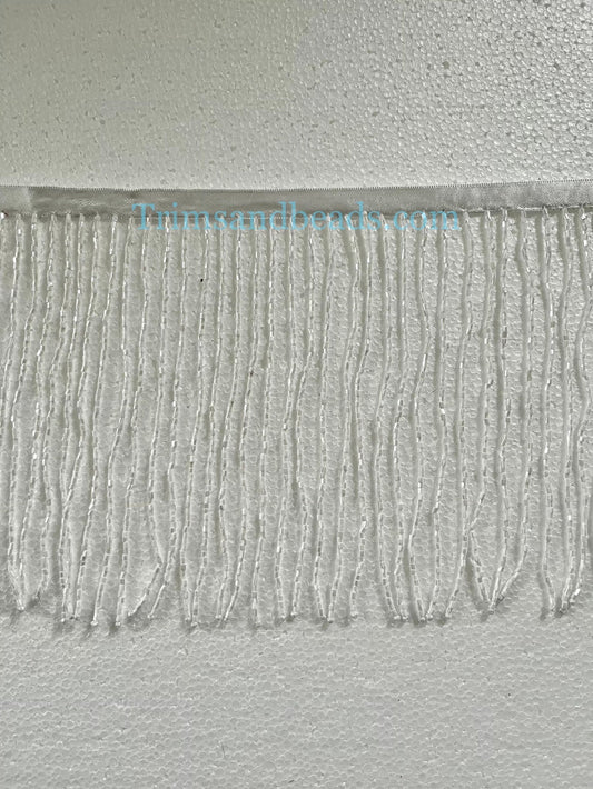 6" Sparkling WHITE Glass BUGLE Bead Beaded Fringe Lamp Costume Trim