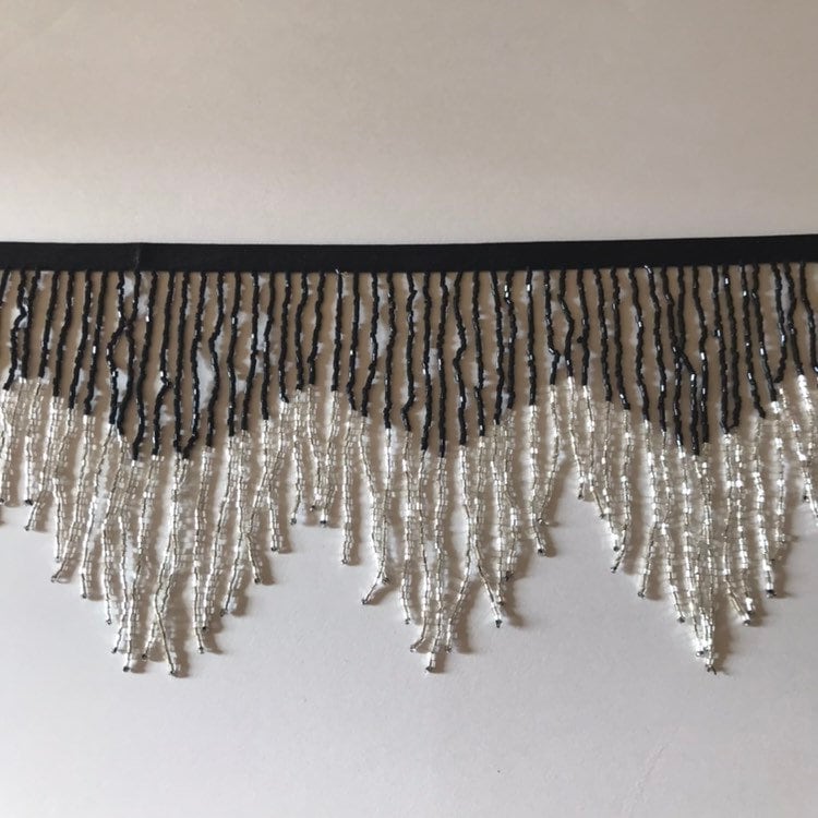 6/6.5" Black & Silver CHEVRON Glass BUGLE Bead Beaded Fringe Lamp Costume Trim Variegated