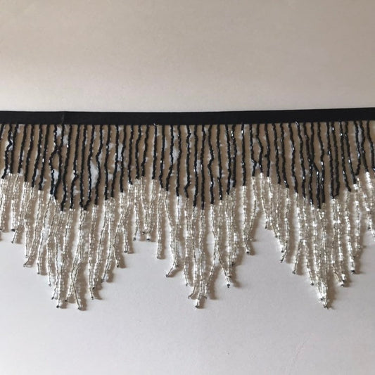 6/6.5" Black & Silver CHEVRON Glass BUGLE Bead Beaded Fringe Lamp Costume Trim Variegated