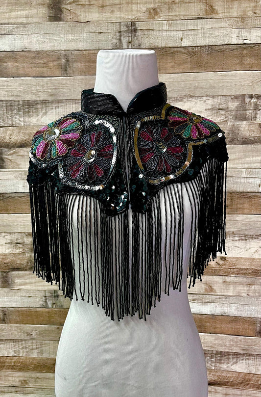MULTI Colored BLACK Beaded & Sequin Long Glass Fringe Collar Shoulder Shrug Shawl Applique Wrap Western Rodeo