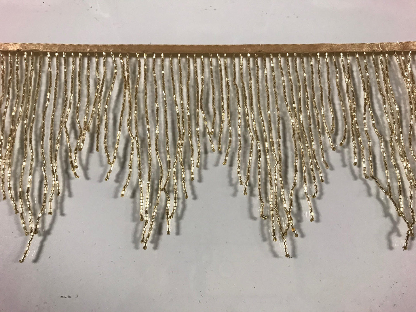 5 Yard Bolt-6.5" Gold CHEVRON Glass BUGLE Bead Beaded Fringe Lamp Costume Trim Variegated
