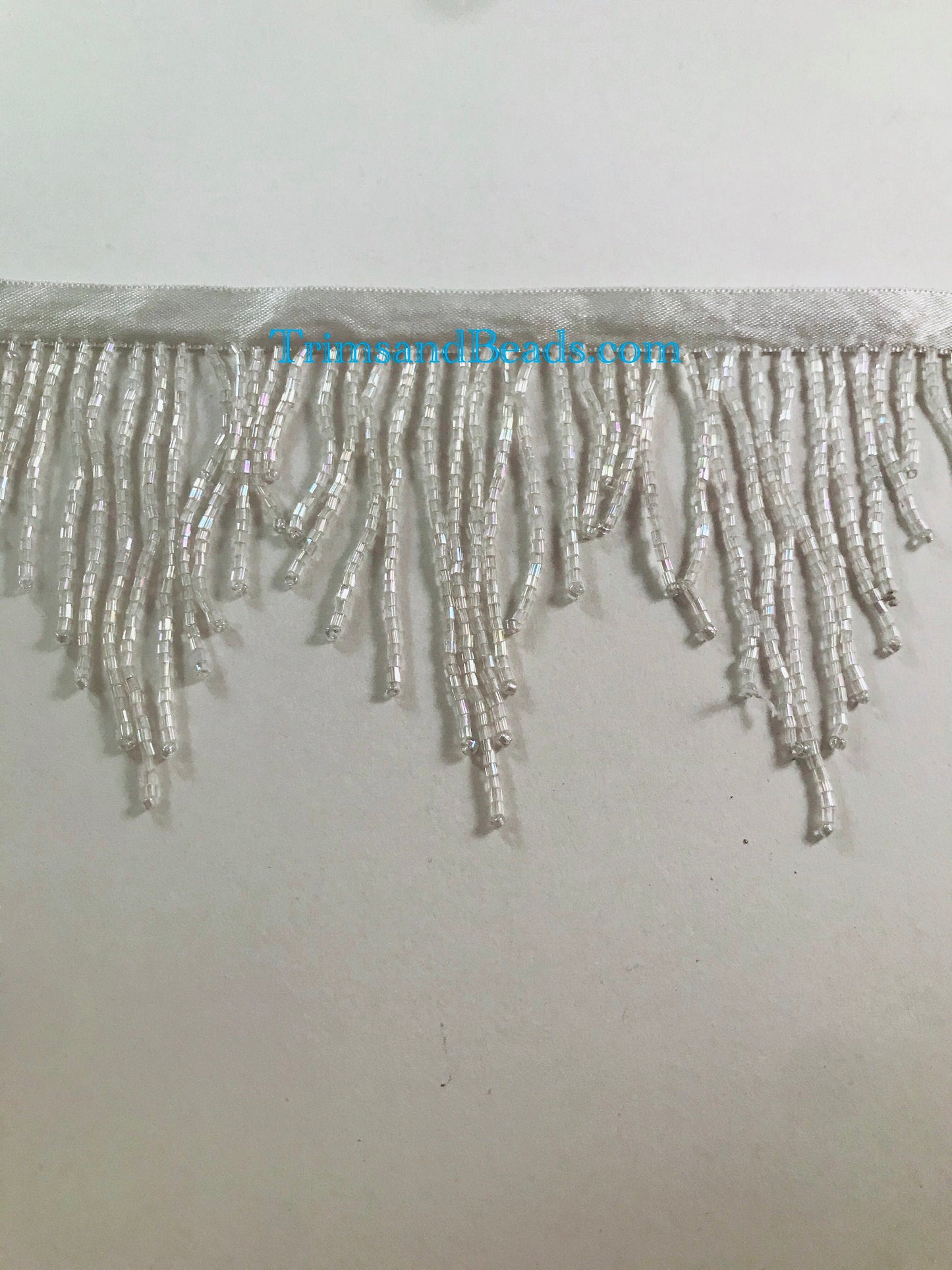 3" Iridescent WHITE AB Glass CHEVRON Bugle Bead Beaded Fringe Lamp Costume Trim Variegated