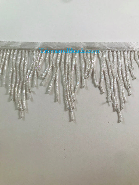 3" Iridescent WHITE AB Glass CHEVRON Bugle Bead Beaded Fringe Lamp Costume Trim Variegated
