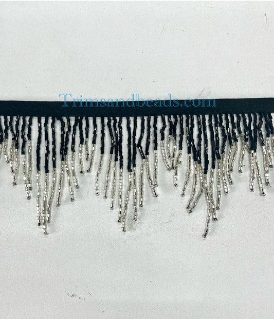 3" BLACK/Silver Ombre Glass CHEVRON Beades BUGLE Bead Fringe Lamp Costume Trim Variegated