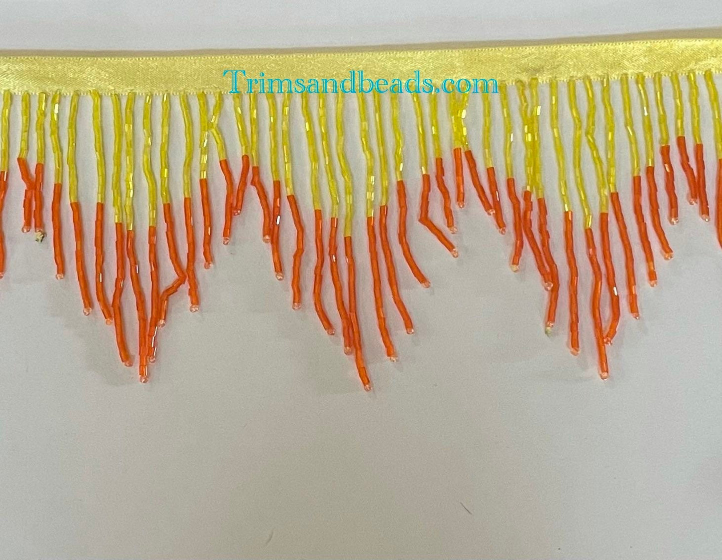 3" YELLOW/ORANGE Glass CHEVRON Bugle Bead Beaded Ombre Fringe Lamp Costume Trim Variegated