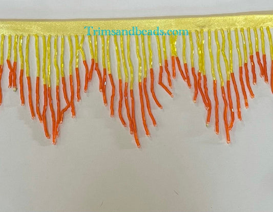3" YELLOW/ORANGE Glass CHEVRON Bugle Bead Beaded Ombre Fringe Lamp Costume Trim Variegated