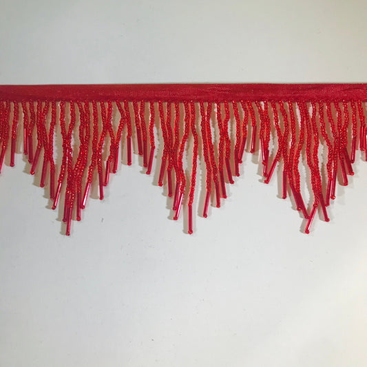 3" RED Glass SEED and Tube Bugle Bead CHEVRON Beaded Fringe Lamp Costume Trim Variegated